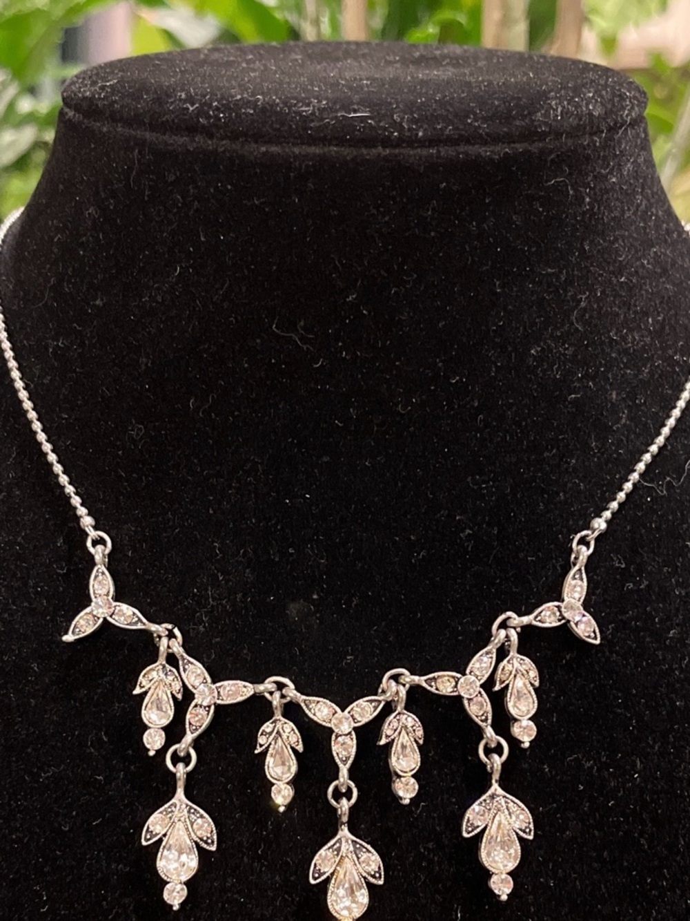 Elegant Stamped Silver Crystal Leaf Drop Necklace - Women Jewelry
